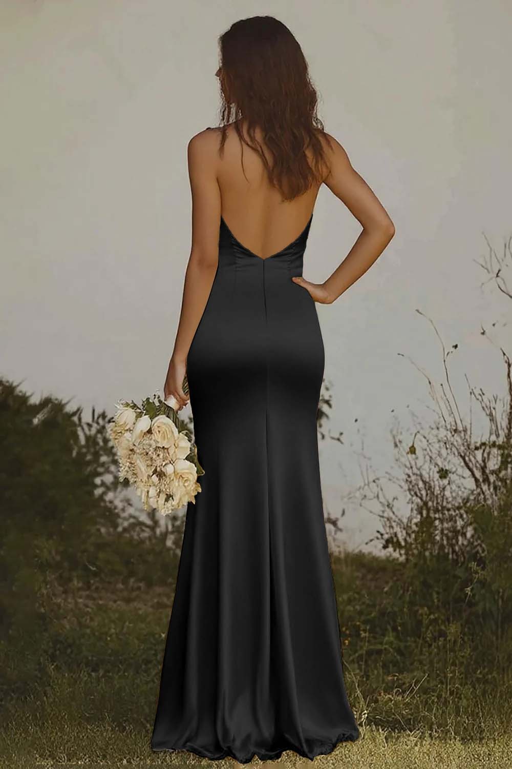 Elegant Light Yellow Sheath Halter Long Satin Bridesmaid Dress