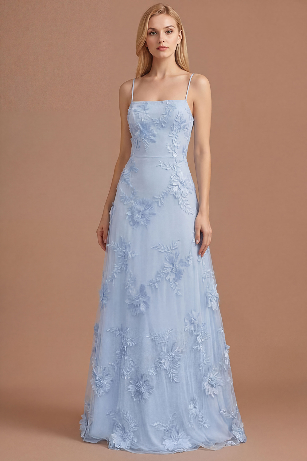 Yellow Floral Spaghetti Straps Appliqued Long Formal Dress