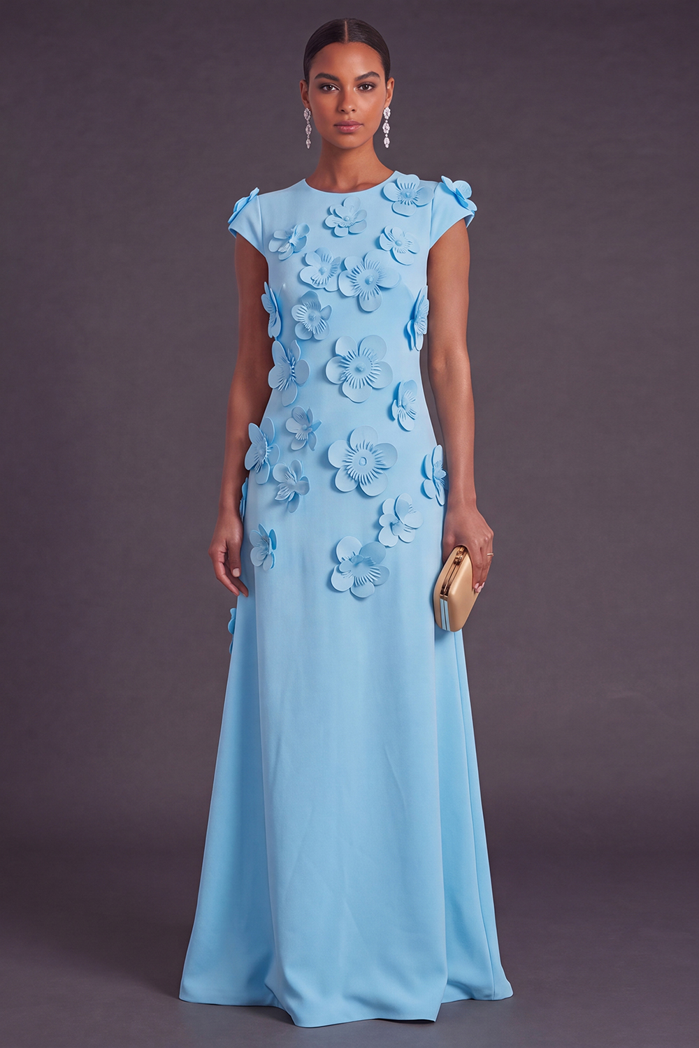 Yellow Floral A Line Round Neck Long Formal Dress
