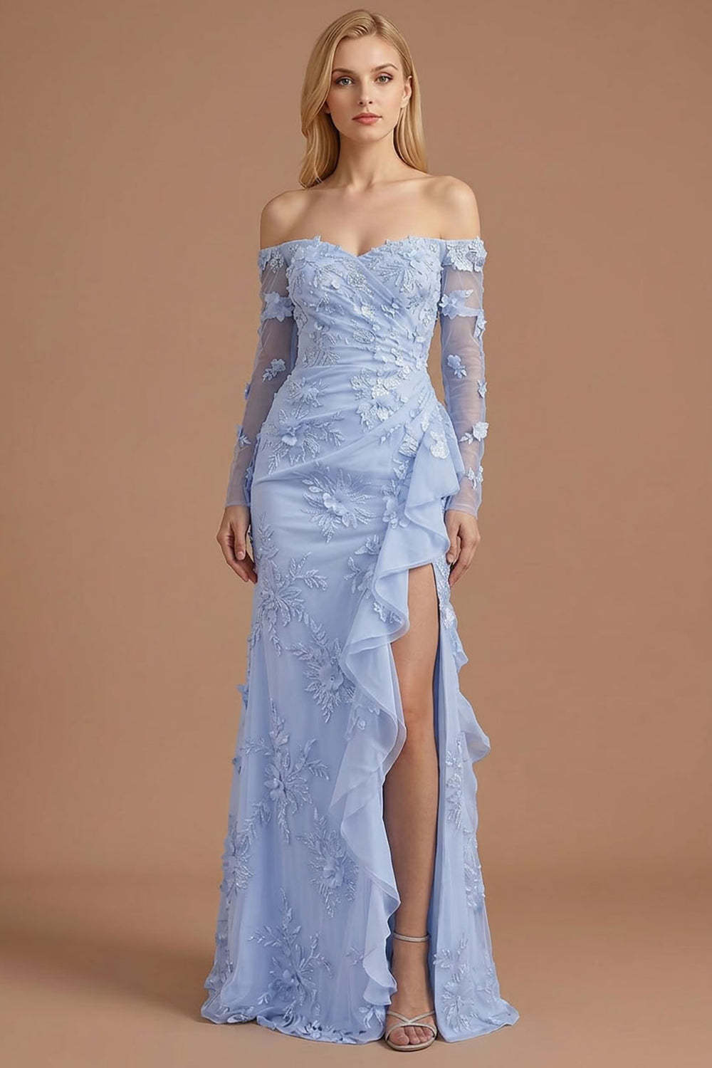 Yellow Floral Appliqued Off the Shoulder Ruffled Long Prom Dress with Slit