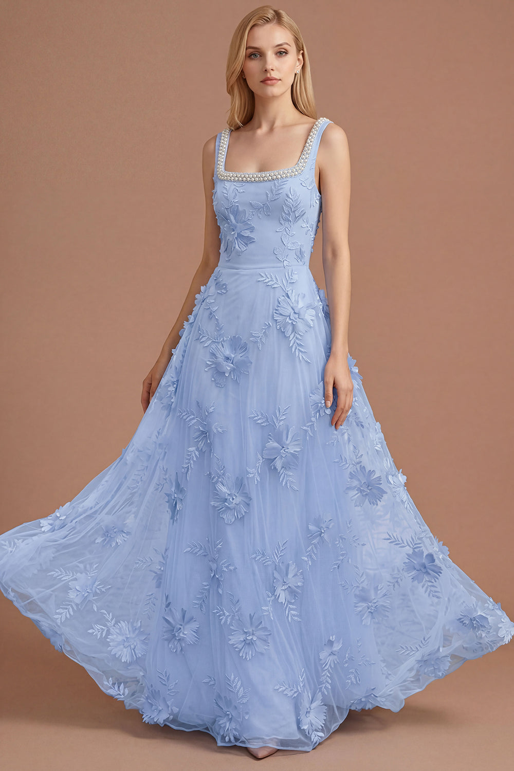 Sparkly Beaded Yellow A Line Square Neck Floral Appliqued Long Prom Dress