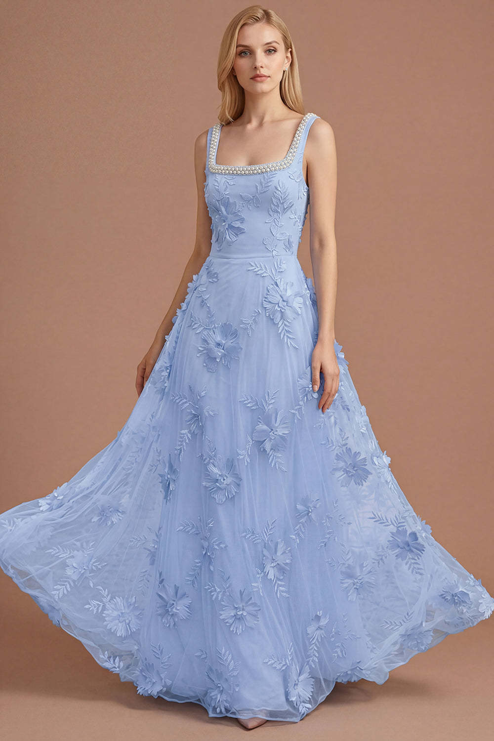 Sparkly Beaded Yellow A Line Square Neck Floral Appliqued Long Prom Dress