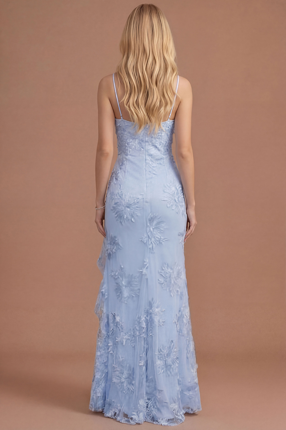 Yellow Mermaid Floral Spaghetti Straps Ruffled Long Formal Dress with Slit