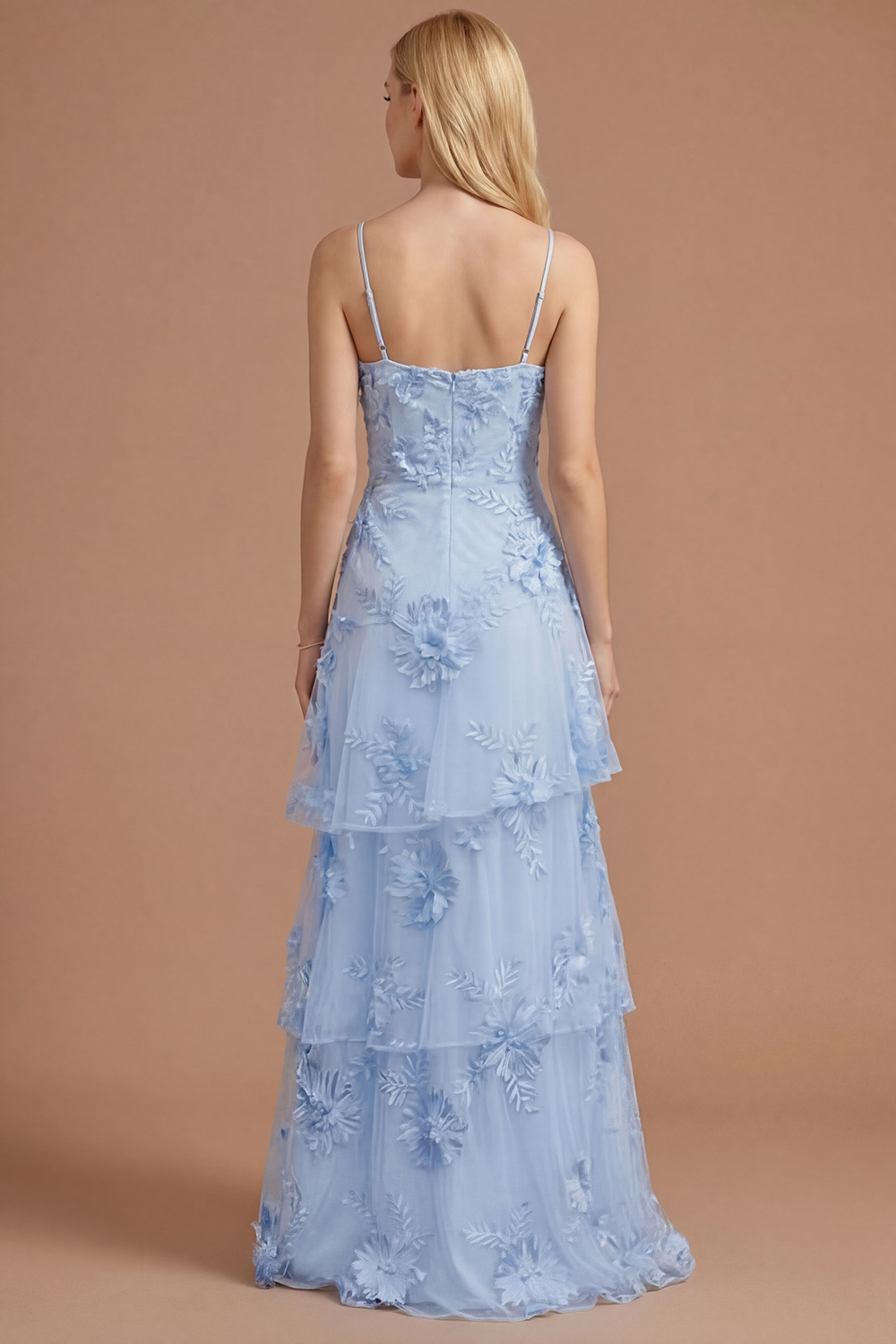 Yellow Floral Spaghetti Straps Appliqued Ruffled Tiered Long Formal Dress