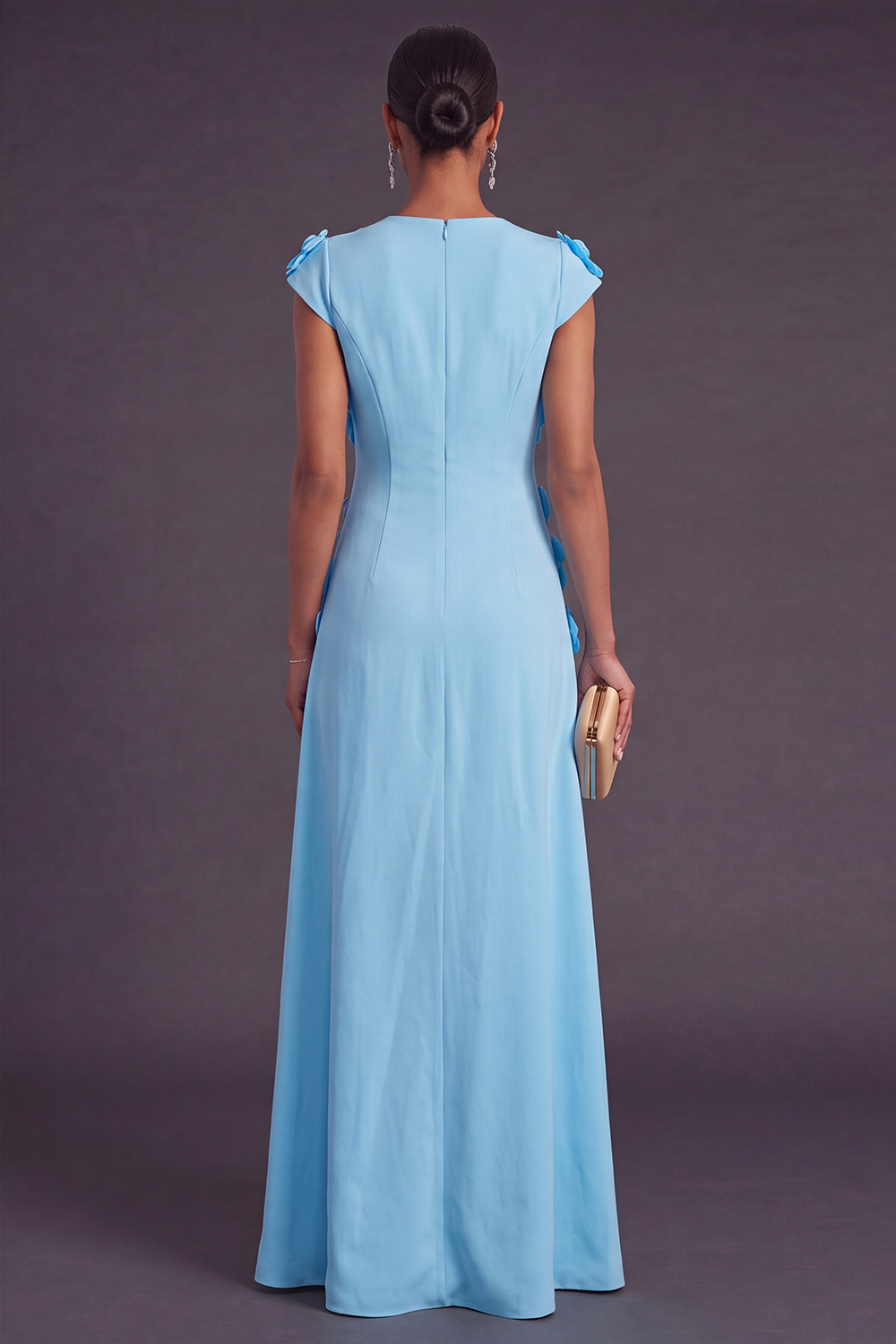 Yellow Floral A Line Round Neck Long Formal Dress