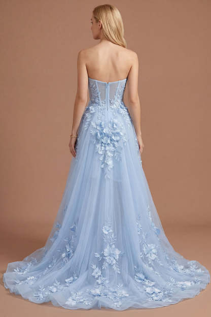 Yellow Floral Appliqued Corset A Line High Low Prom Dress