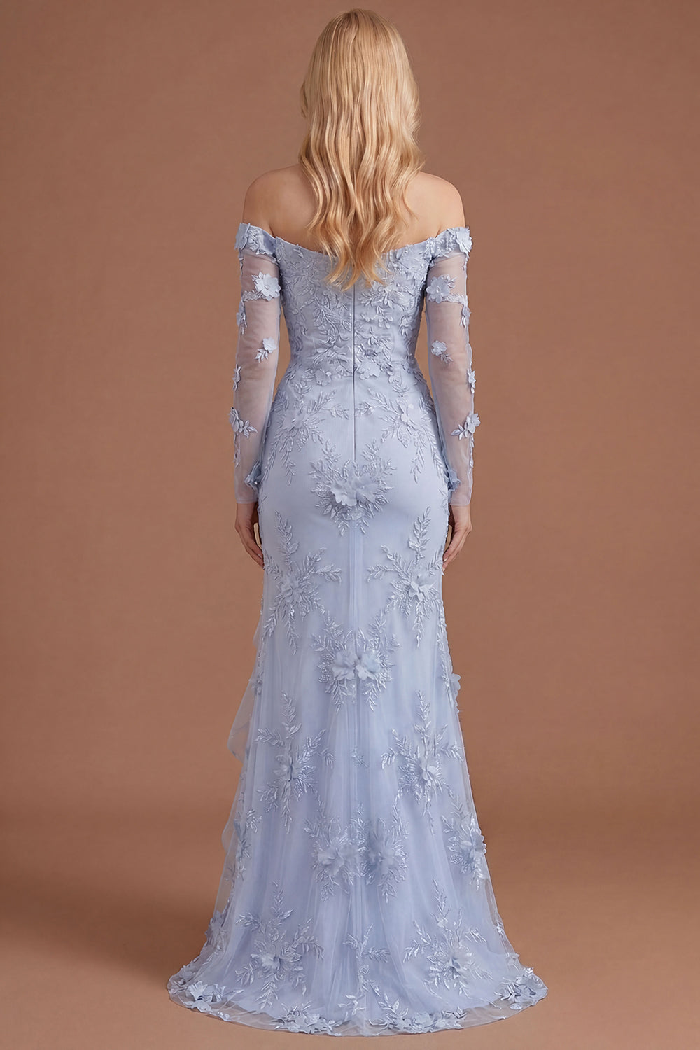 Yellow Floral Appliqued Off the Shoulder Ruffled Long Prom Dress with Slit