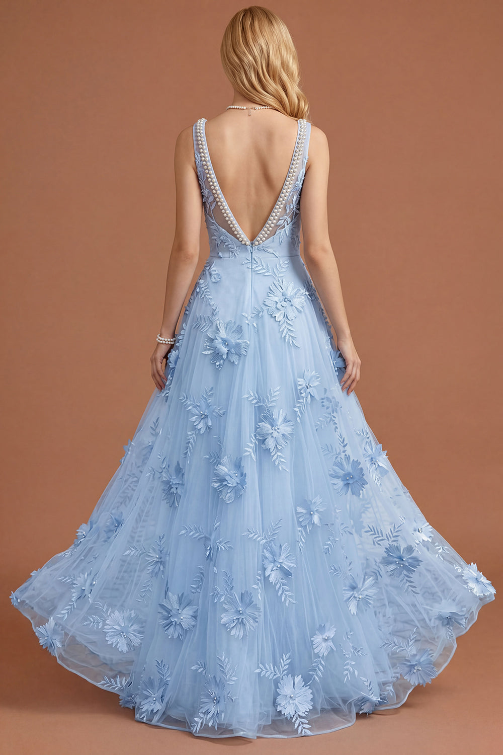 Sparkly Beaded Yellow A Line Square Neck Floral Appliqued Long Prom Dress