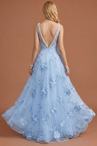 Sparkly Beaded Yellow A Line Square Neck Floral Appliqued Long Prom Dress