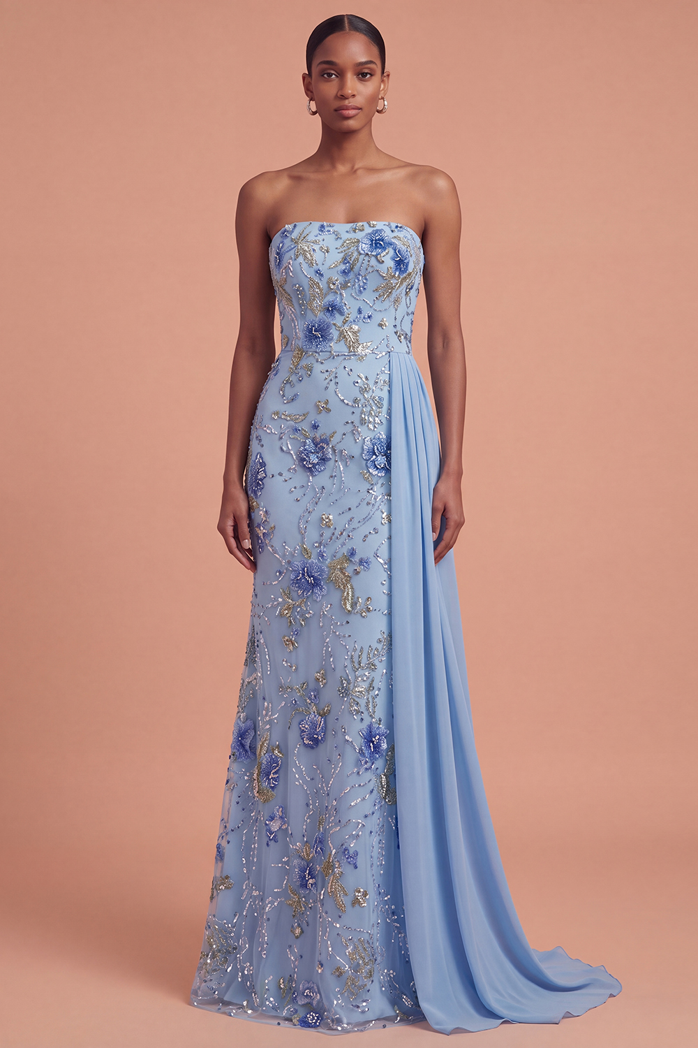 Pink Floral Sparkly Long Prom Dress with Cape