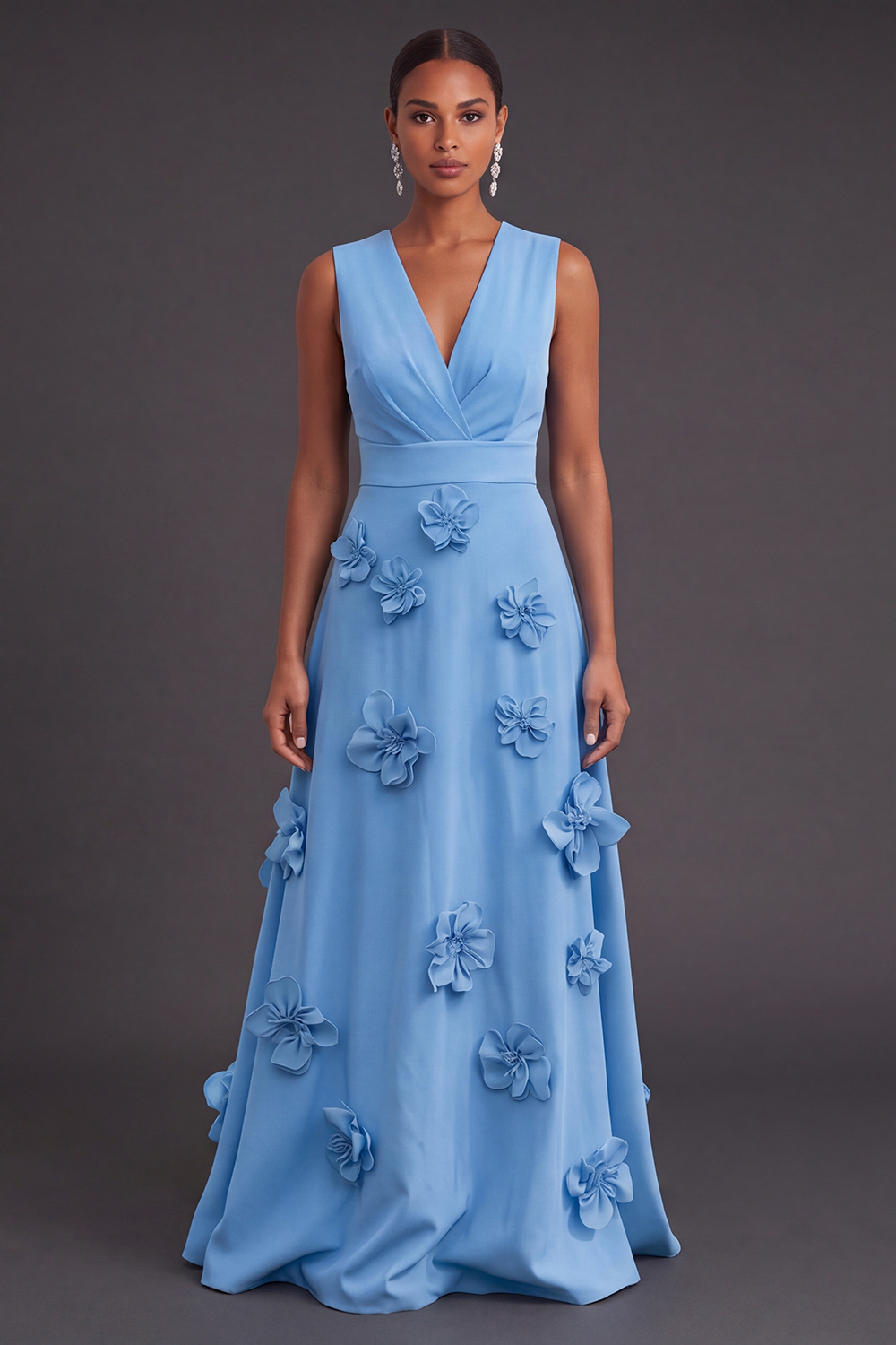 Leely Women Blue Floral Long Black Tie Dress Ruched A Line V-Neck Fall Wedding Guest Dress
