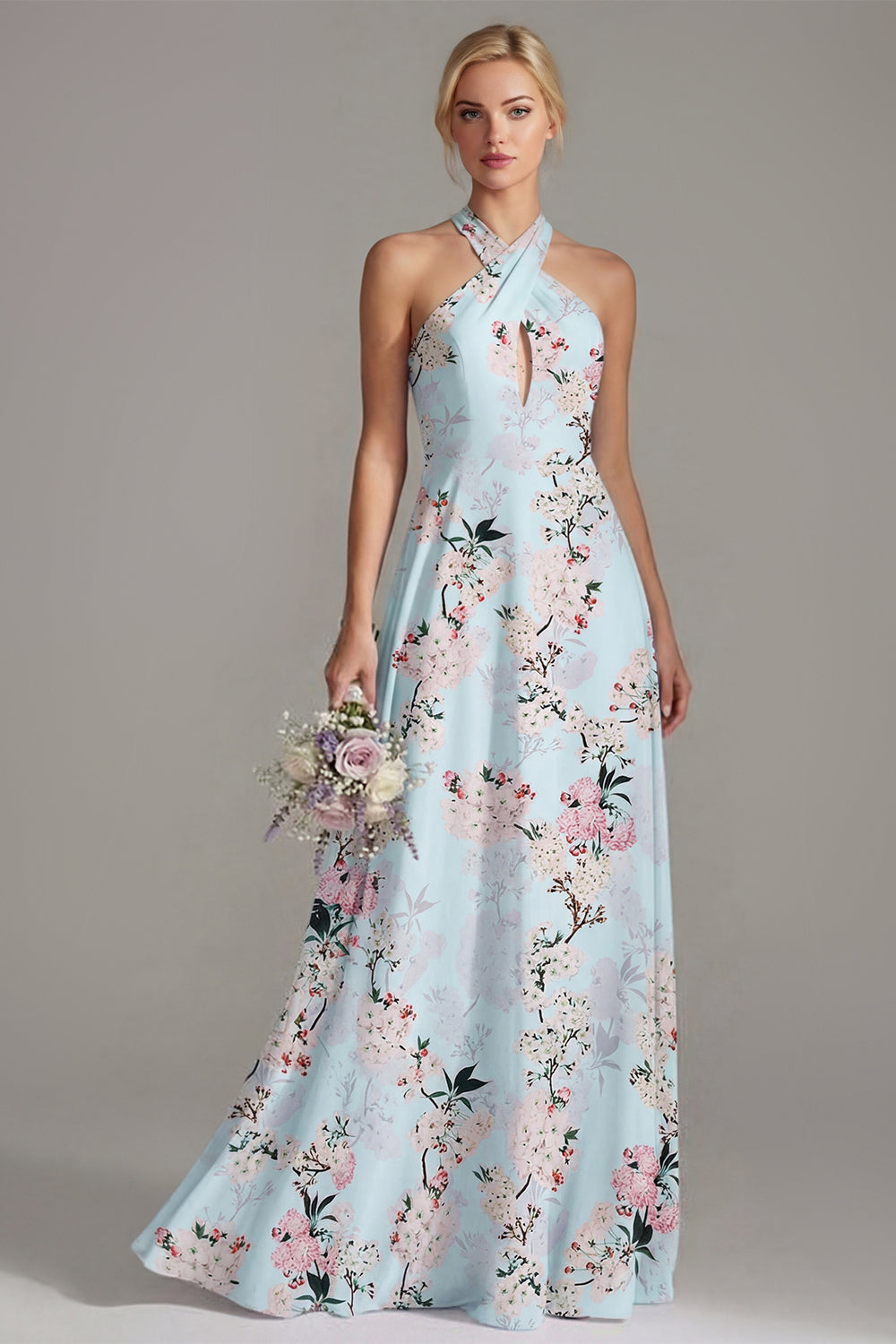 Halter Neck A Line Floral Blue Long Bridesmaid Dress