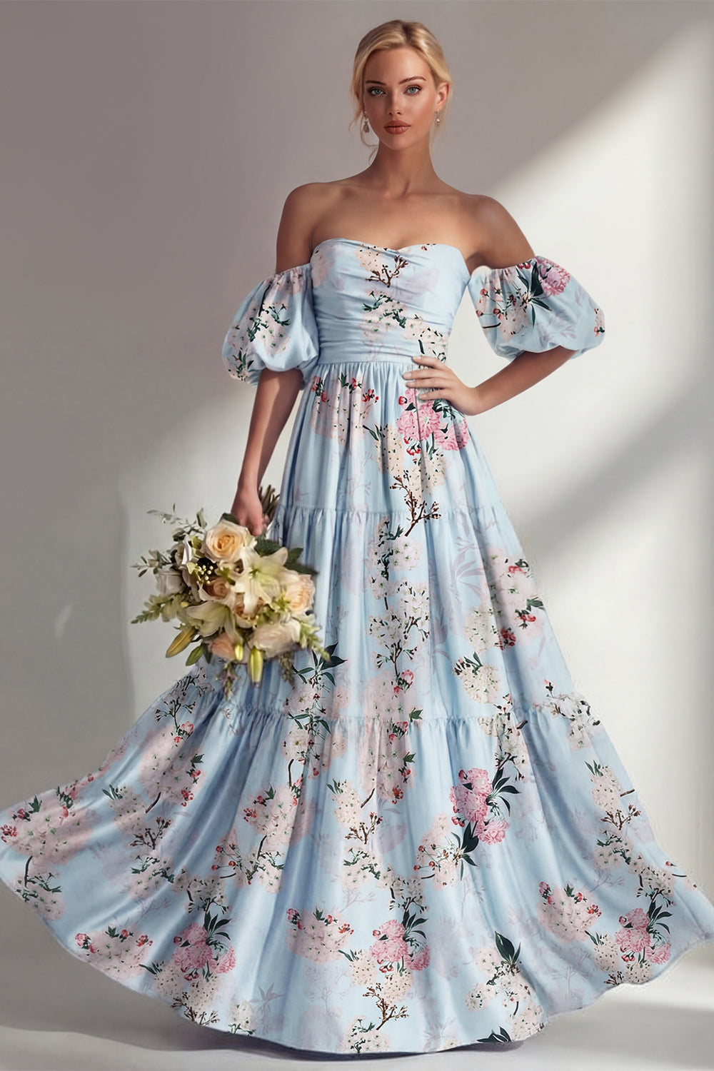 Leely Women Pink Off the Shoulder Floral Backless Long Bridesmaid Dress A Line Sleeveless Wedding Guest Dress