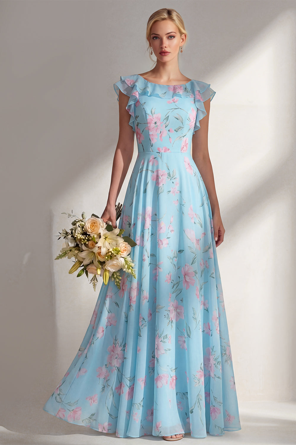 Ruffled Green Floral A Line Round Neck Long Bridesmaid Dress
