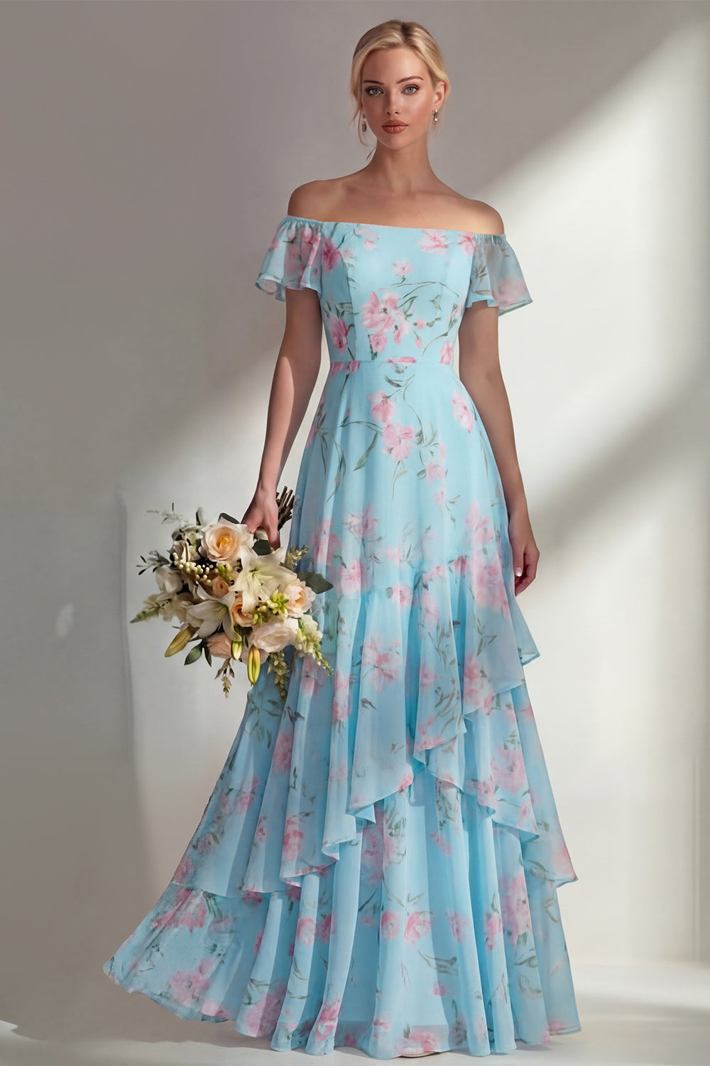 Leely Women Blue Floral Off the Shoulder A Line Long Bridesmaid Dress Backless Sleeveless Ruffled Wedding Guest Dress