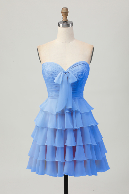 Short Light Yellow Sweetheart Ruffled A Line Tiered Homecoming Dress with Bow