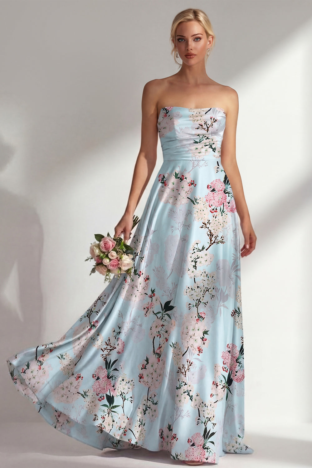 Satin Blue Floral Strapless Backless Long Bridesmaid Dress