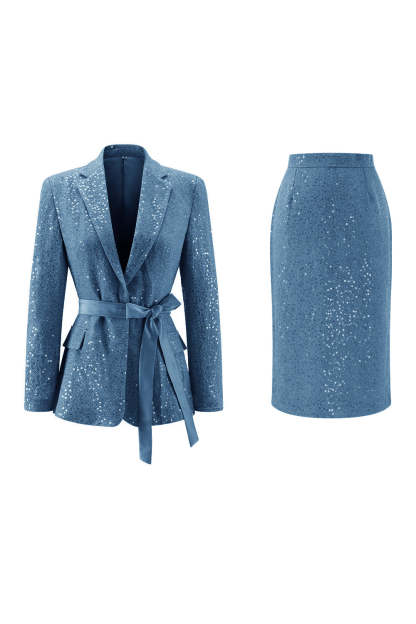 Leely Women Sparkly Pink Midi Pencil Prom Suits with Sash 2 Piece Sequin Notched Lapel Party Tuxedo