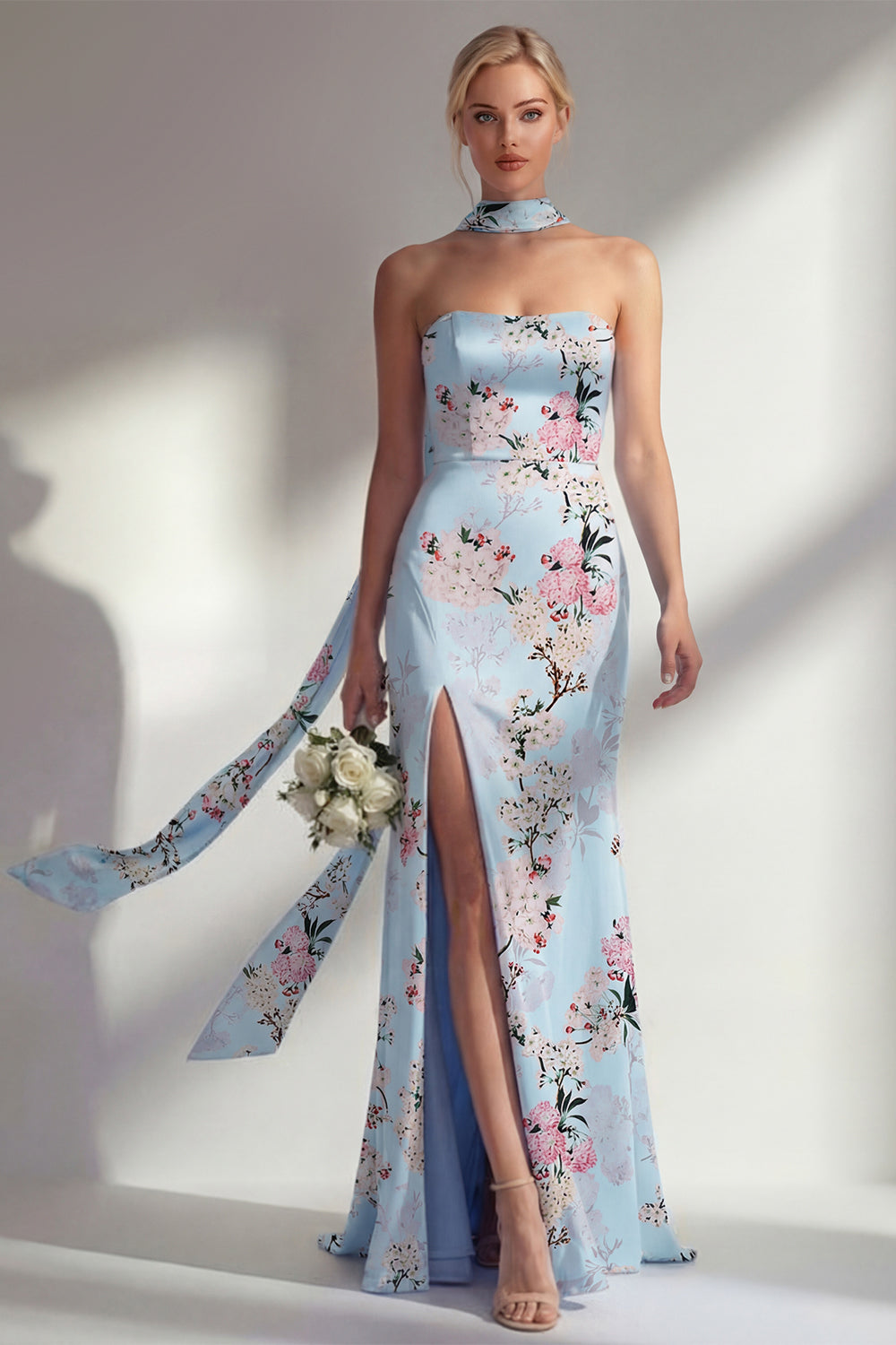 Sheath Pink Floral Strapless Long Bridesmaid Dress with Slit