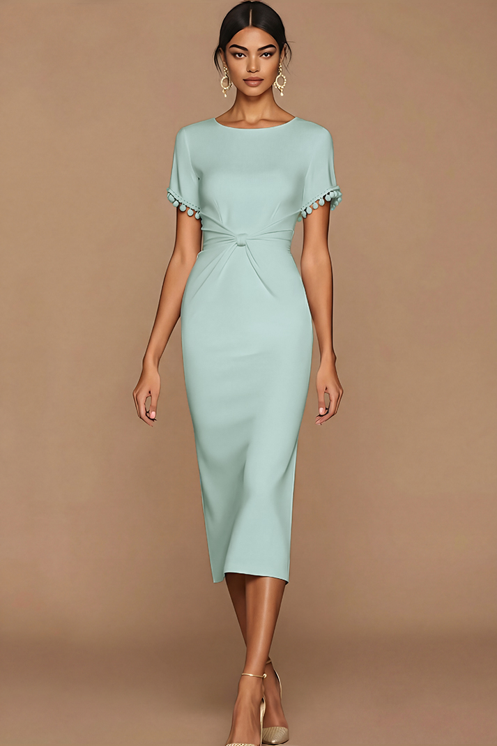 White Bodycon Jewel Neck Midi Wedding Reception Dress with Sleeves