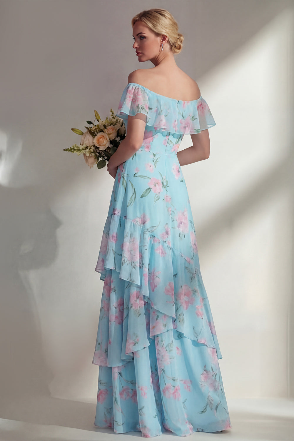 Blue Floral Off the Shoulder A Line Long Bridesmaid Dress
