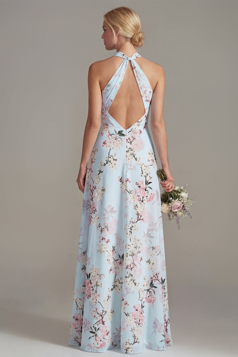Halter Neck A Line Floral Blue Long Bridesmaid Dress