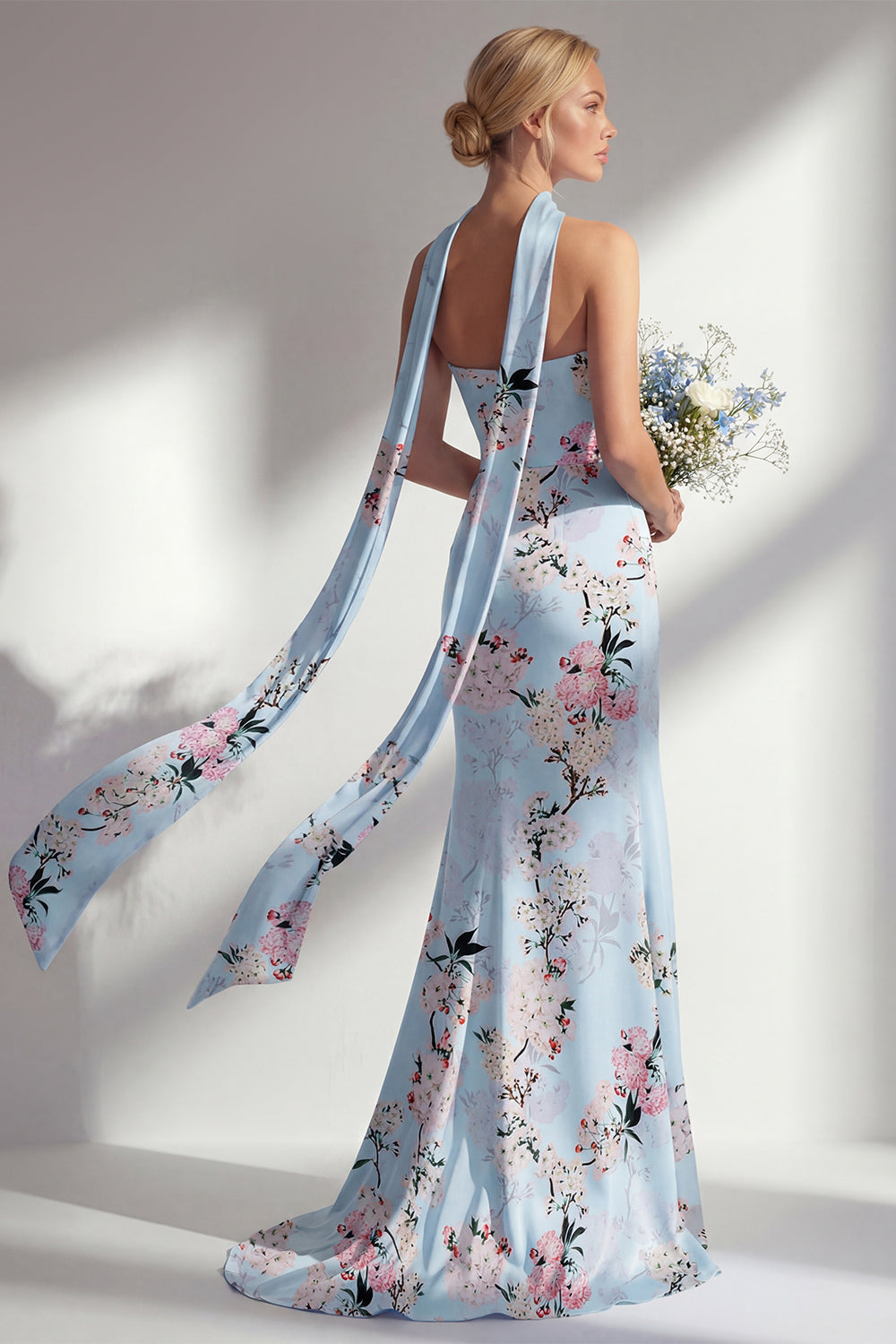 Sheath Pink Floral Strapless Long Bridesmaid Dress with Slit