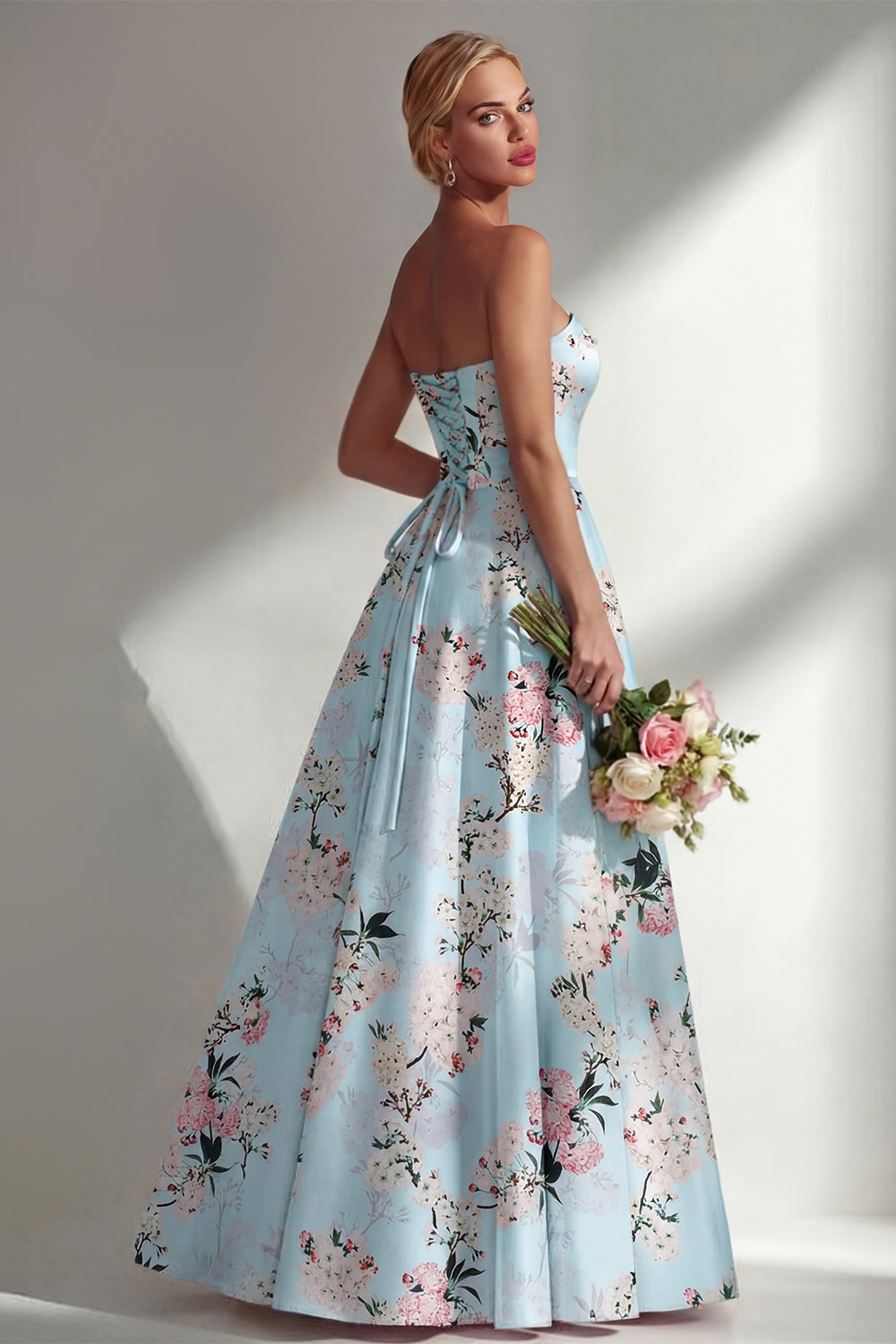 Satin Blue Floral Strapless Backless Long Bridesmaid Dress