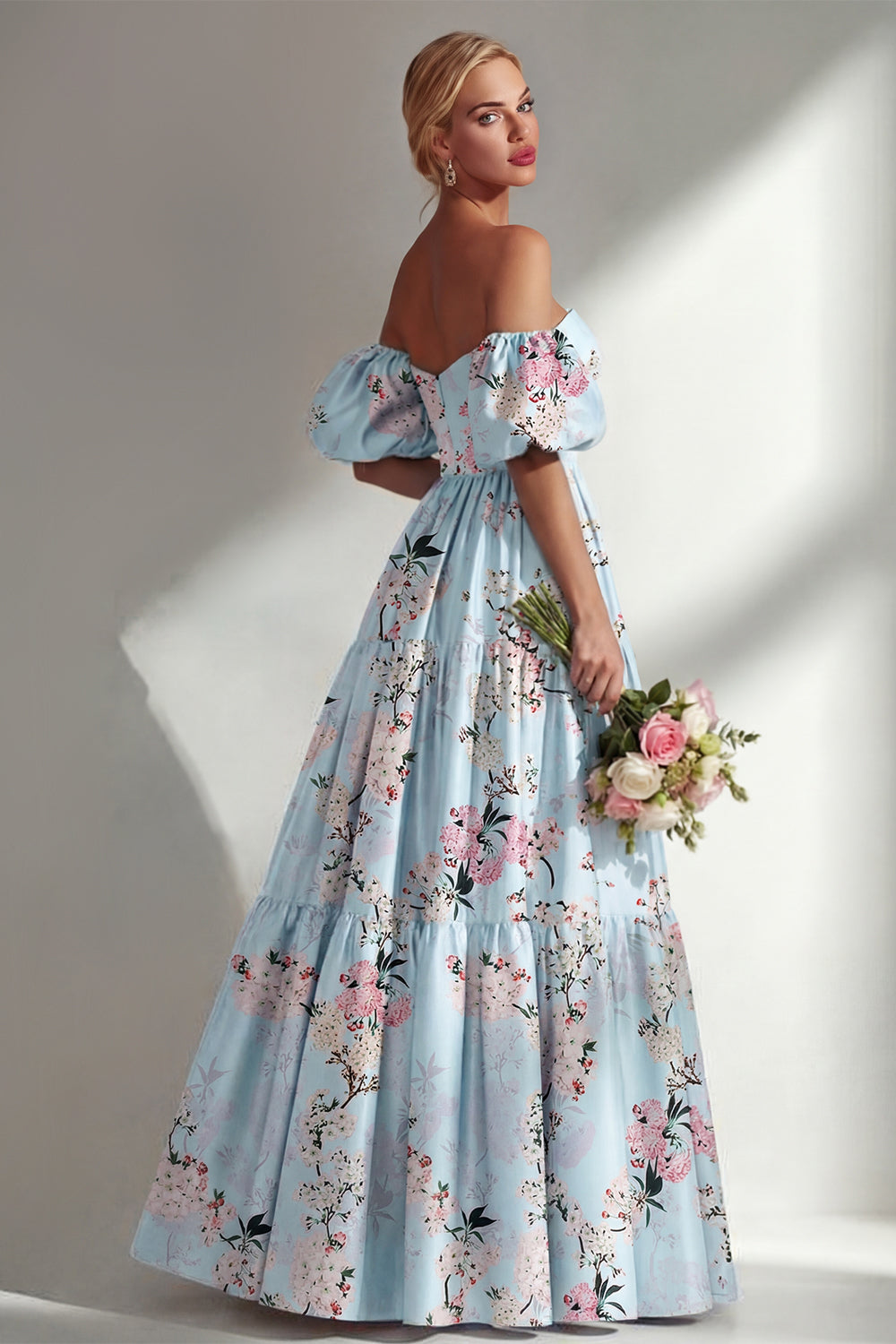 Pink Off the Shoulder Floral Backless Long Bridesmaid Dress