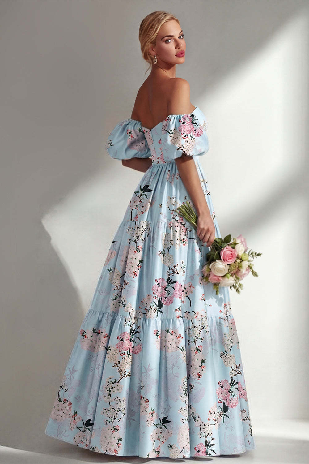 Pink Off the Shoulder Floral Backless Long Bridesmaid Dress
