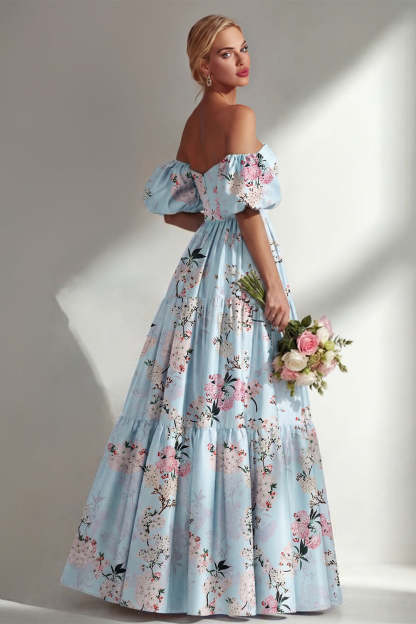 Pink Off the Shoulder Floral Backless Long Bridesmaid Dress