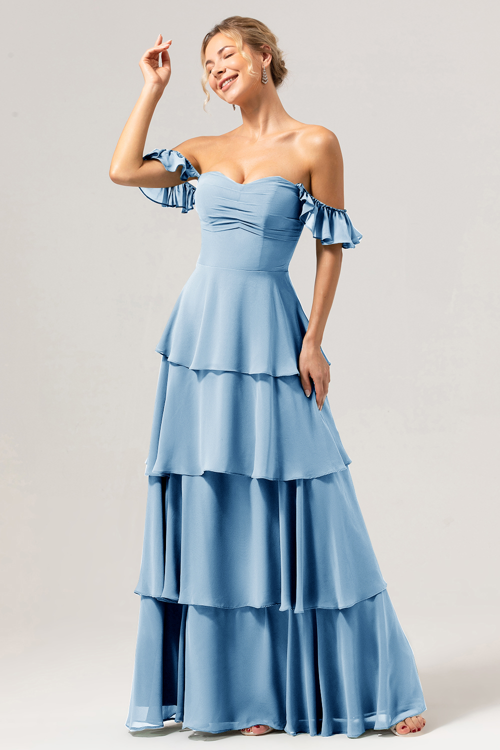 Eucalyptus Off the Shoulder Sweetheart Tiered A-Line Bridesmaid Dress