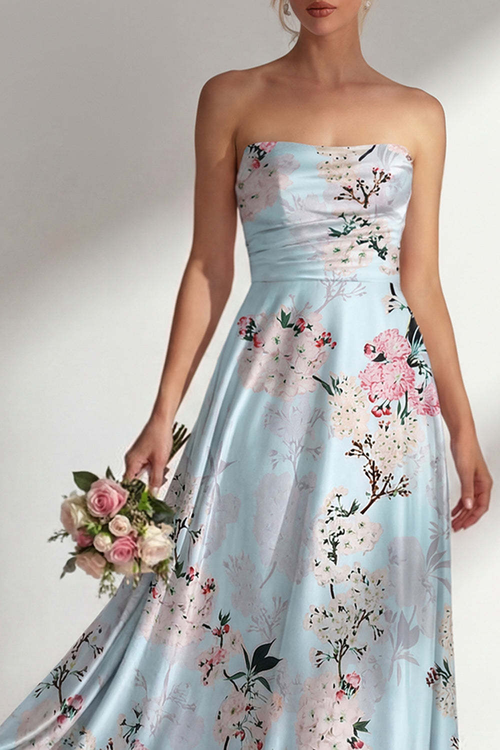 Satin Blue Floral Strapless Backless Long Bridesmaid Dress