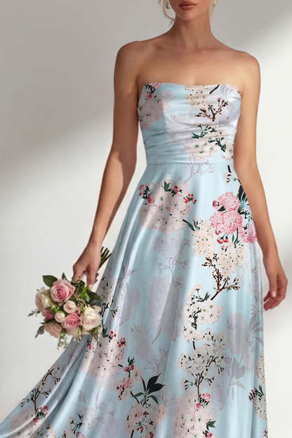 Satin Blue Floral Strapless Backless Long Bridesmaid Dress