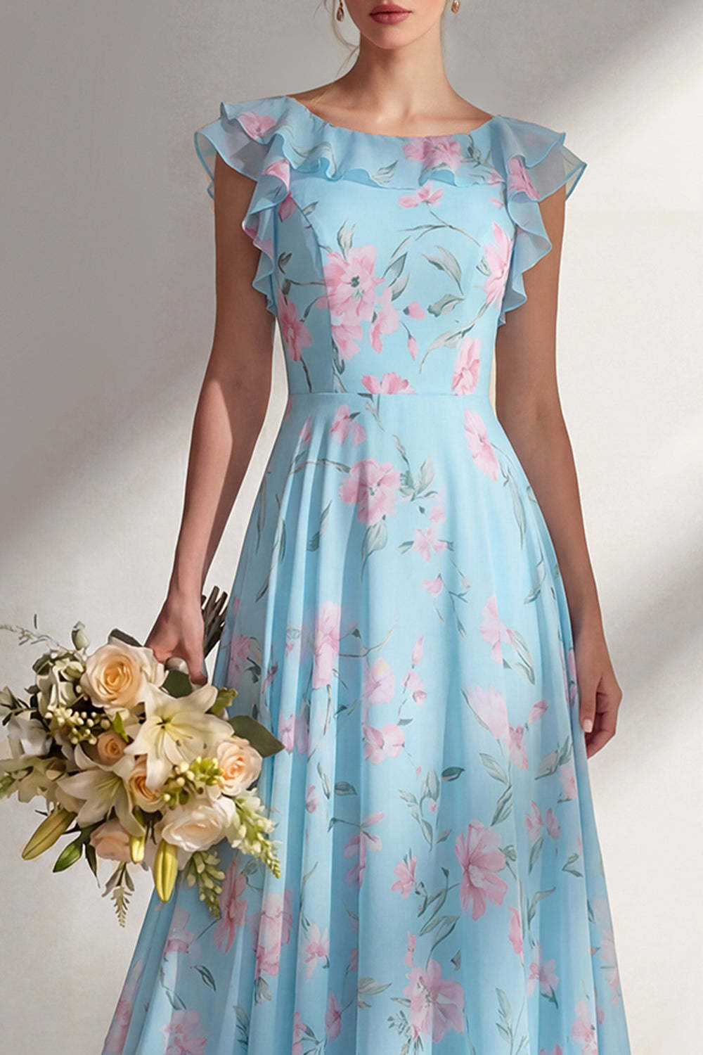 Ruffled Green Floral A Line Round Neck Long Bridesmaid Dress