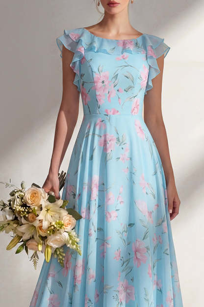 Ruffled Green Floral A Line Round Neck Long Bridesmaid Dress