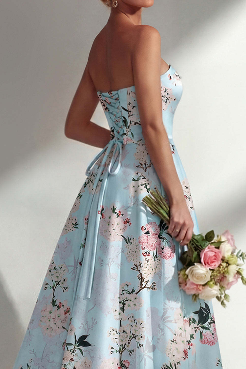 Satin Blue Floral Strapless Backless Long Bridesmaid Dress
