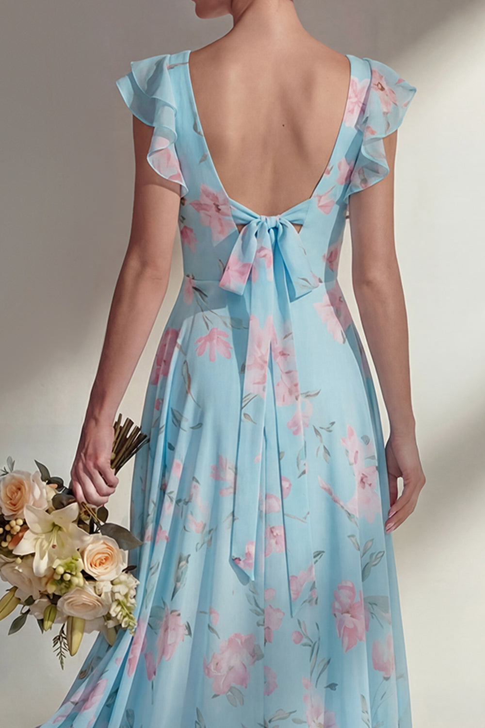 Ruffled Green Floral A Line Round Neck Long Bridesmaid Dress