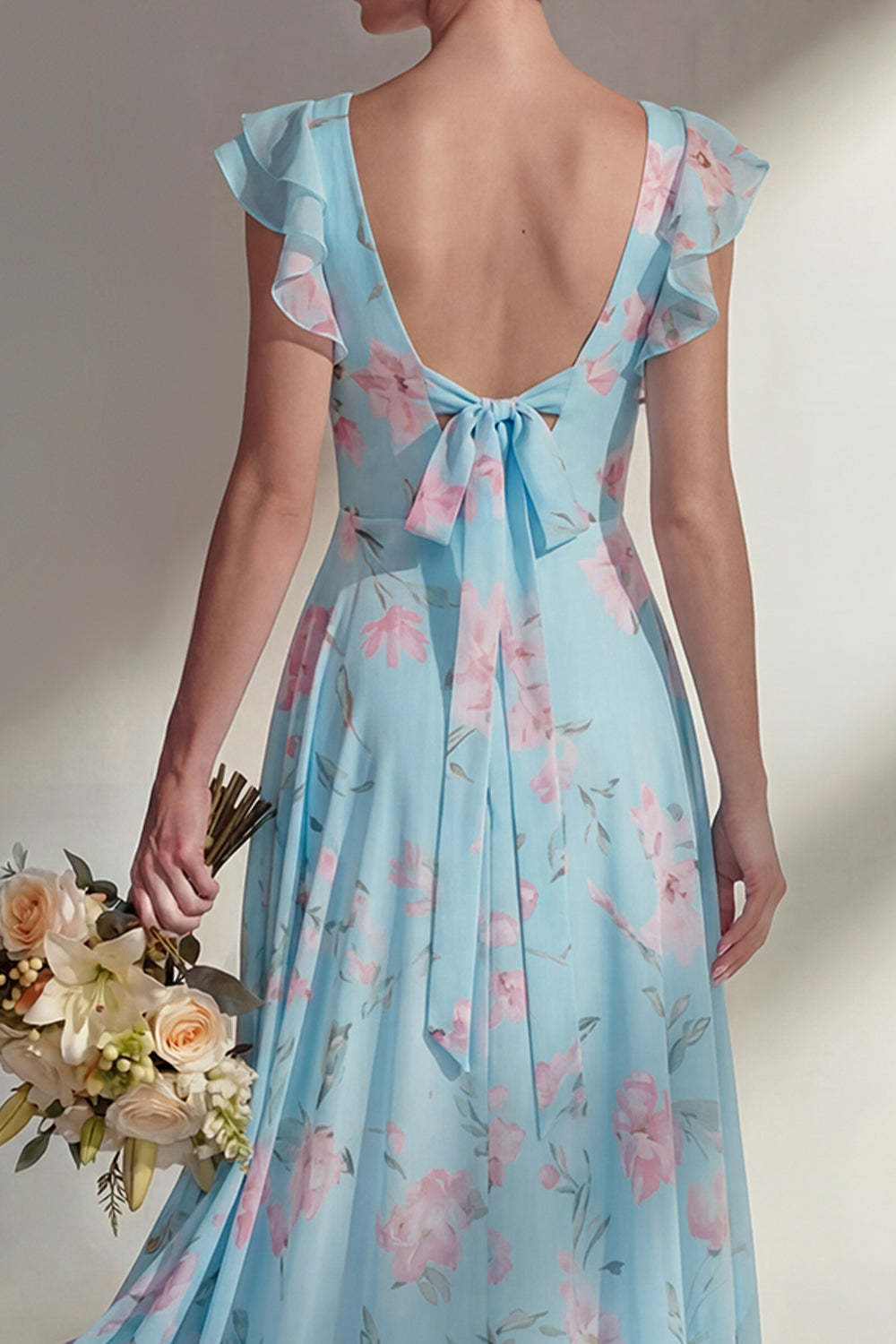 Ruffled Green Floral A Line Round Neck Long Bridesmaid Dress
