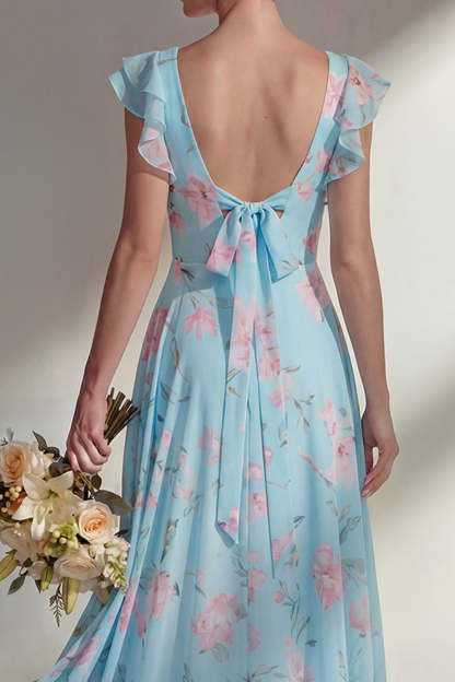 Ruffled Green Floral A Line Round Neck Long Bridesmaid Dress