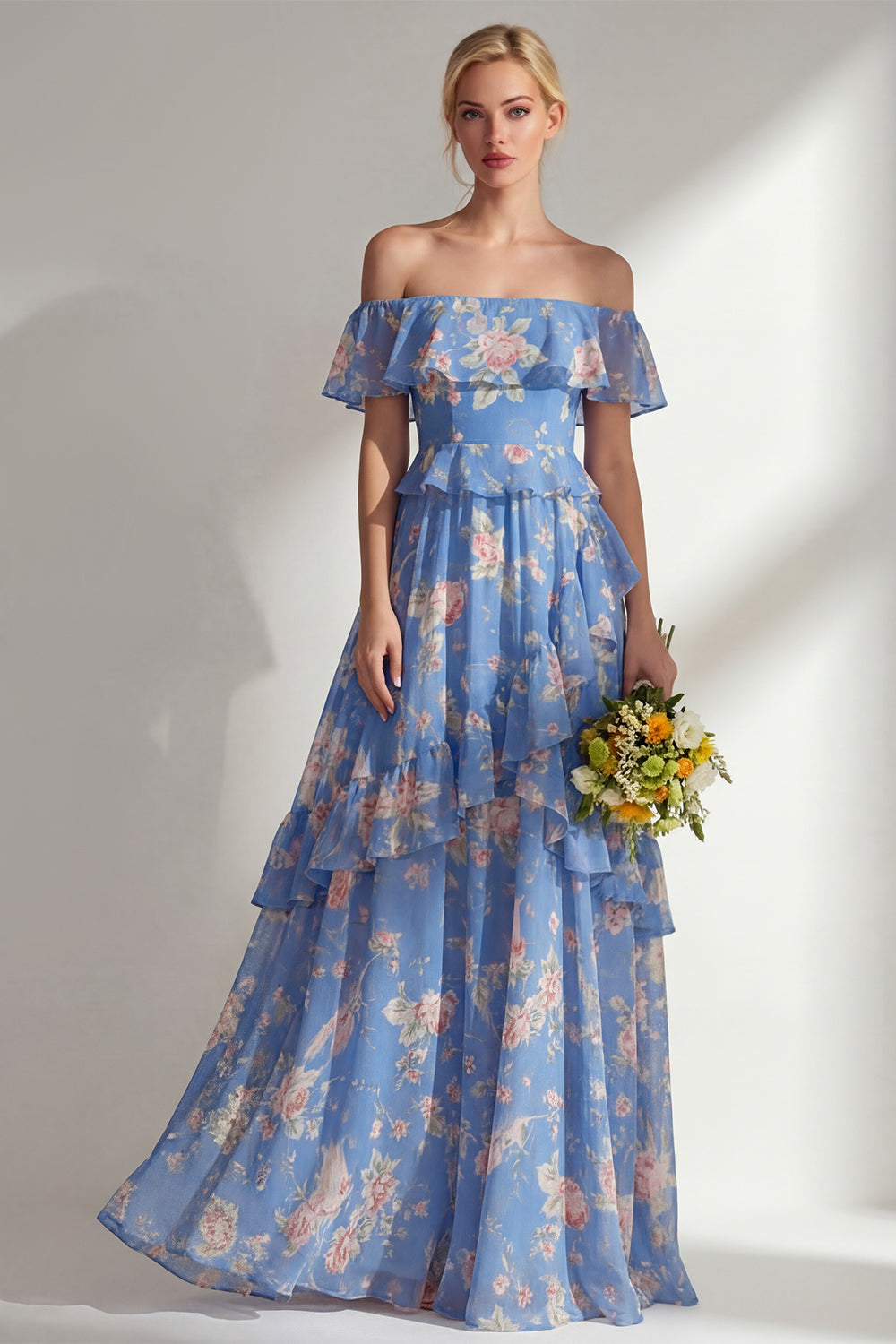 Tiered Blue Pink Floral Off the Shoulder Long Bridesmaid Dress