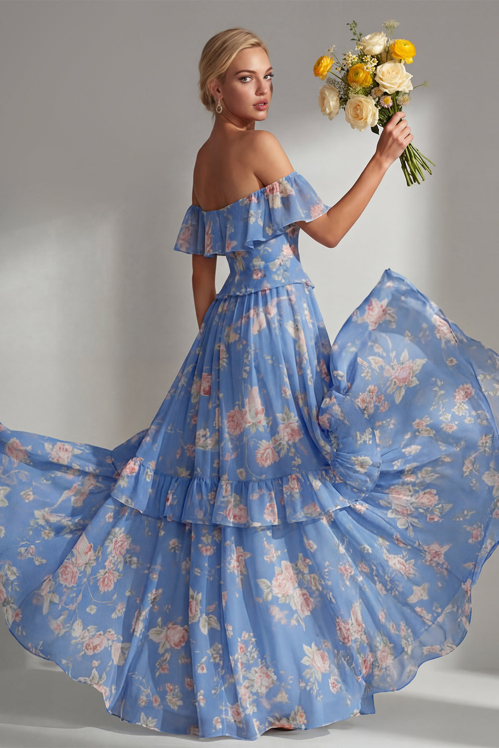 Tiered Blue Pink Floral Off the Shoulder Long Bridesmaid Dress