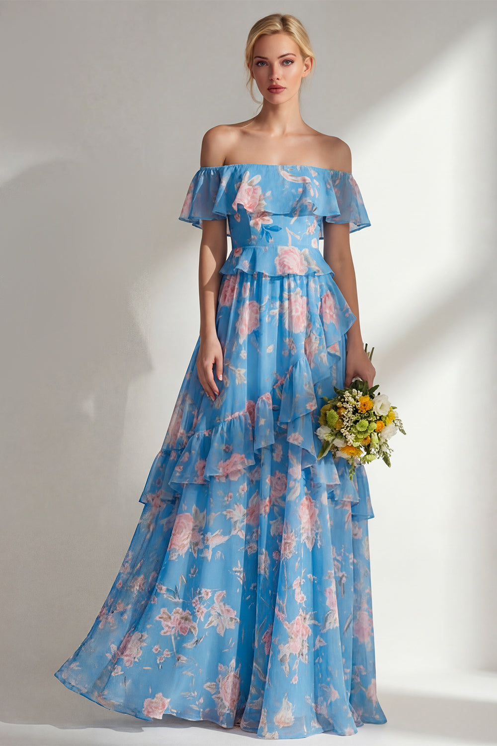Leely Women Tiered Blue Pink Floral Off the Shoulder Long Bridesmaid Dress Backless Sleeveless Wedding Guest Dress