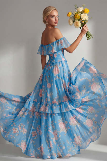 Tiered Blue Pink Floral Off the Shoulder Long Bridesmaid Dress