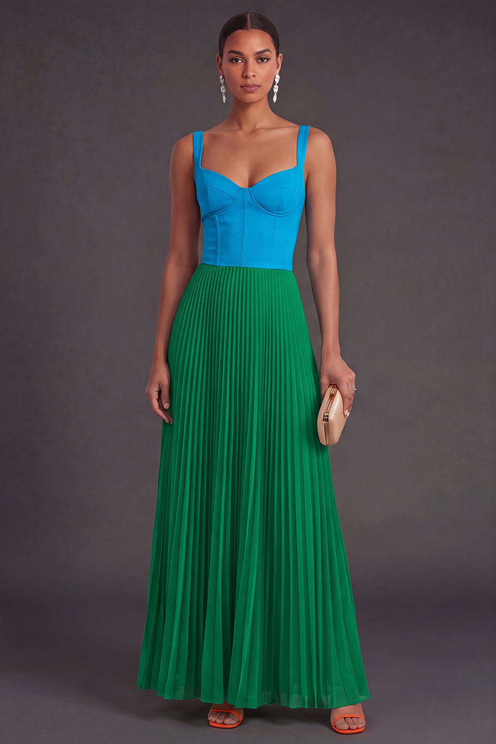 Orange and Fuchsia A Line Pleated Long Formal Dress