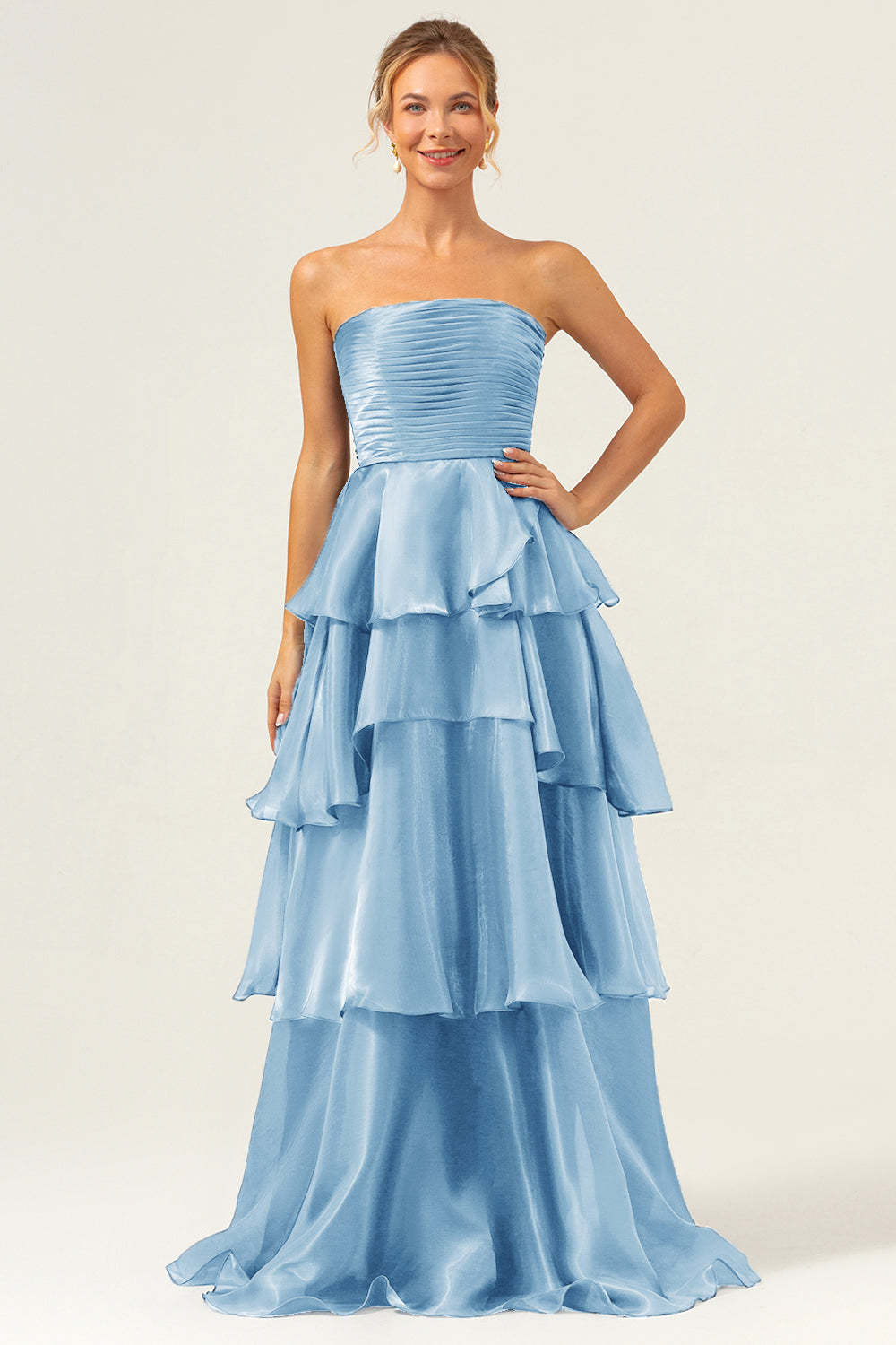 Plus Size Dark Navy Strapless A Line Tiered Satin Maxi Bridesmaid Dress