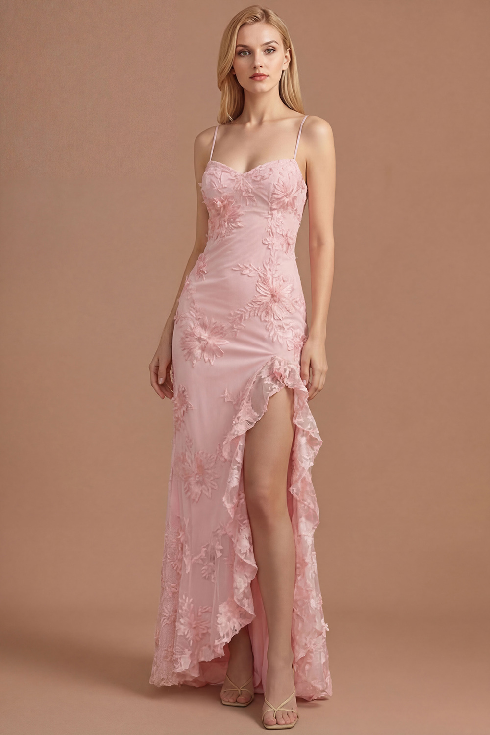 Yellow Mermaid Floral Spaghetti Straps Ruffled Long Formal Dress with Slit