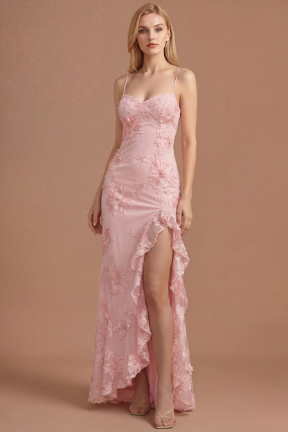 Yellow Mermaid Floral Spaghetti Straps Ruffled Long Formal Dress with Slit