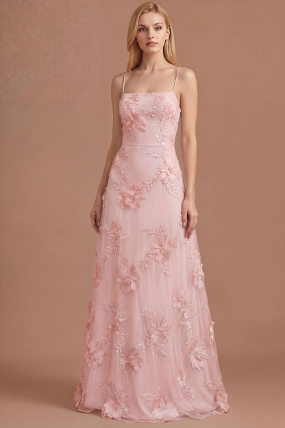 Yellow Floral Spaghetti Straps Appliqued Long Formal Dress