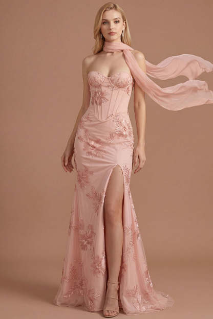 Yellow Floral Embroidered Mermaid Corset Long Prom Dress with Slit